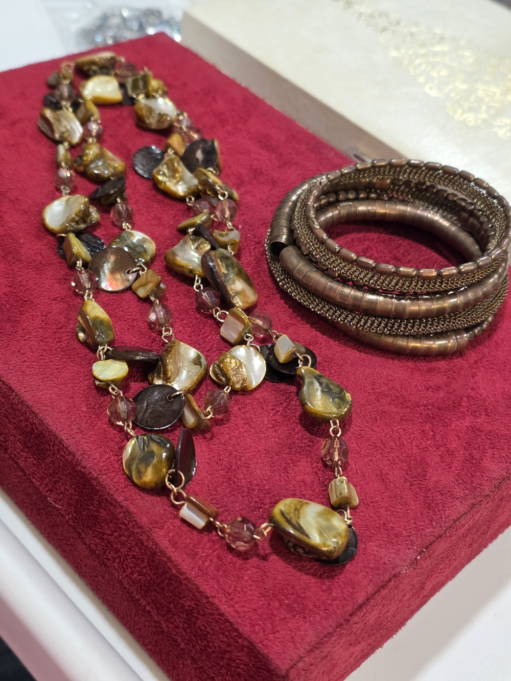 36" Tan, Brown And Cream Necklace with Bronze-tone Spiral Bracelet Bundle